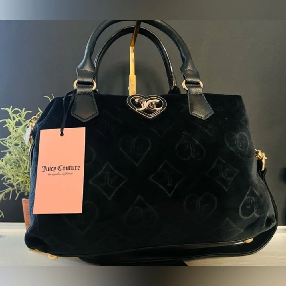 Juicy Couture Black Velvet Glitz Satchel Bag Crossbody Gold Hardware NWT